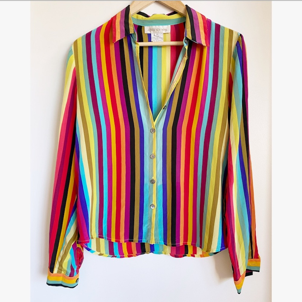 90s Vintage Jones NY Colorful Striped Silk Blouse